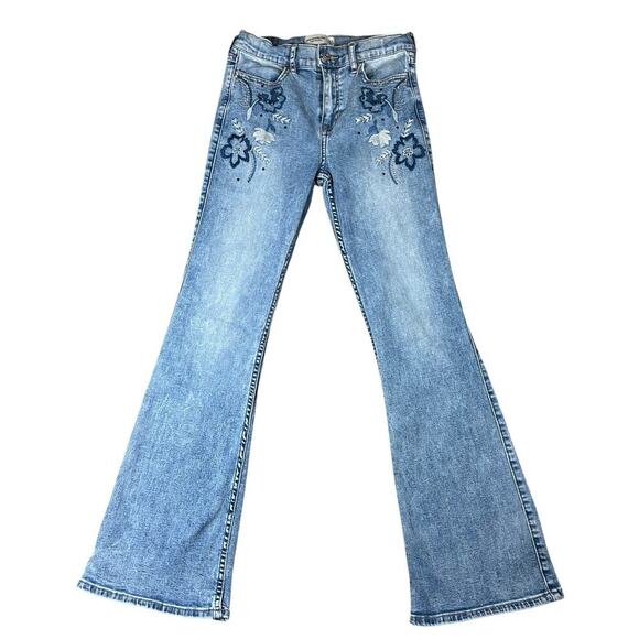 Abercrombie Kids High Rise Flare Blue Jeans Embroidered Flowers Size 13/14 Denim - Picture 1 of 8